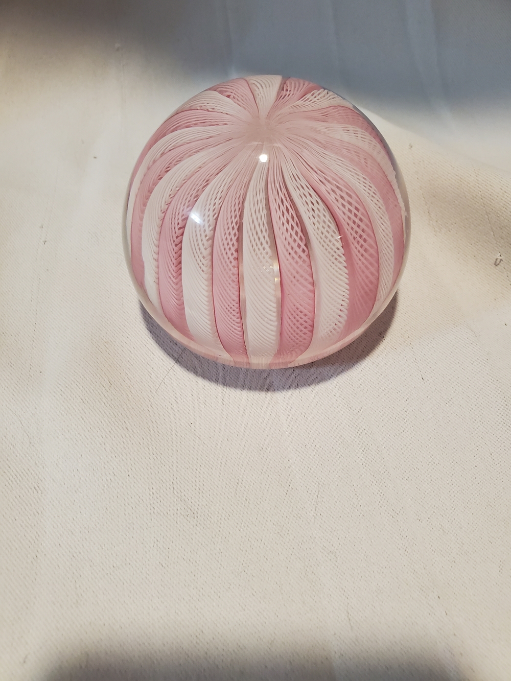 Vintage Murano Zanfirico Latticino Art Glass Paperweight – Pink & White Ribbon a